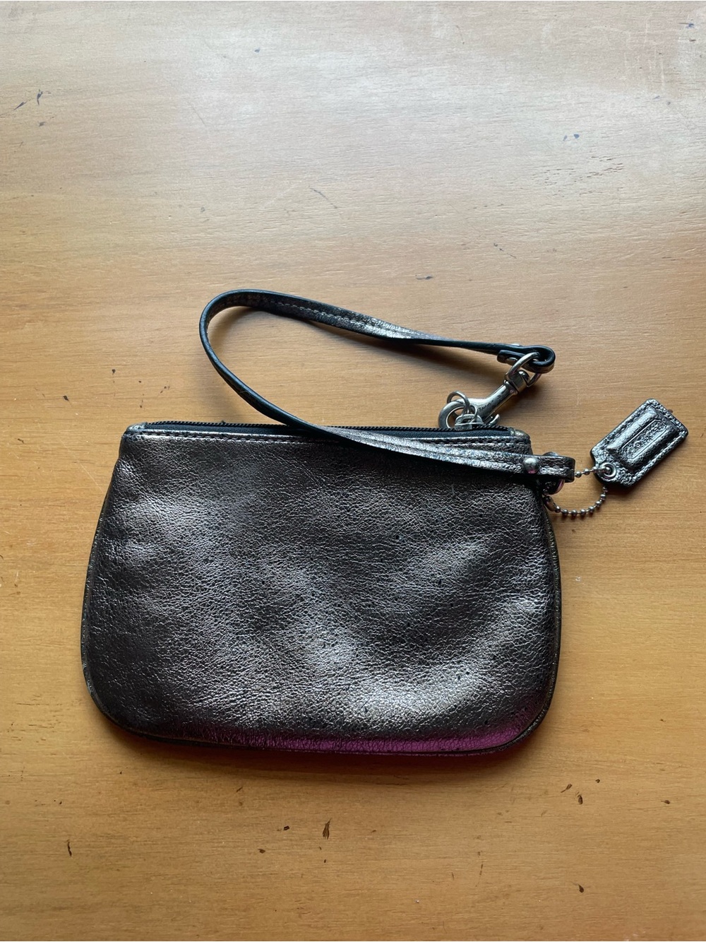 Coach Metallic Pewter Leather Wristlet Clutch